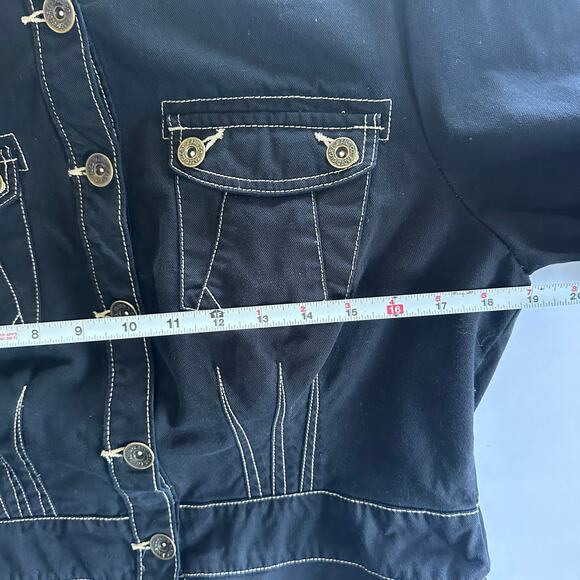 Vintage Faded Glory Size 14 Short Peplum Jean Jacket-Dark Black Wash Utility - Picture 11 of 12